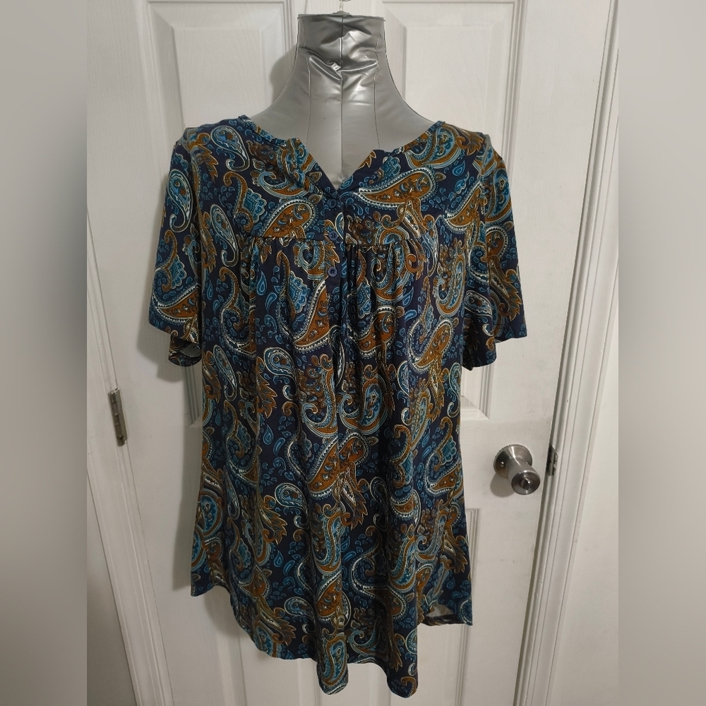 Blue and Brown Smocked Short Sleeve Blouse with Mandarin Collar 61